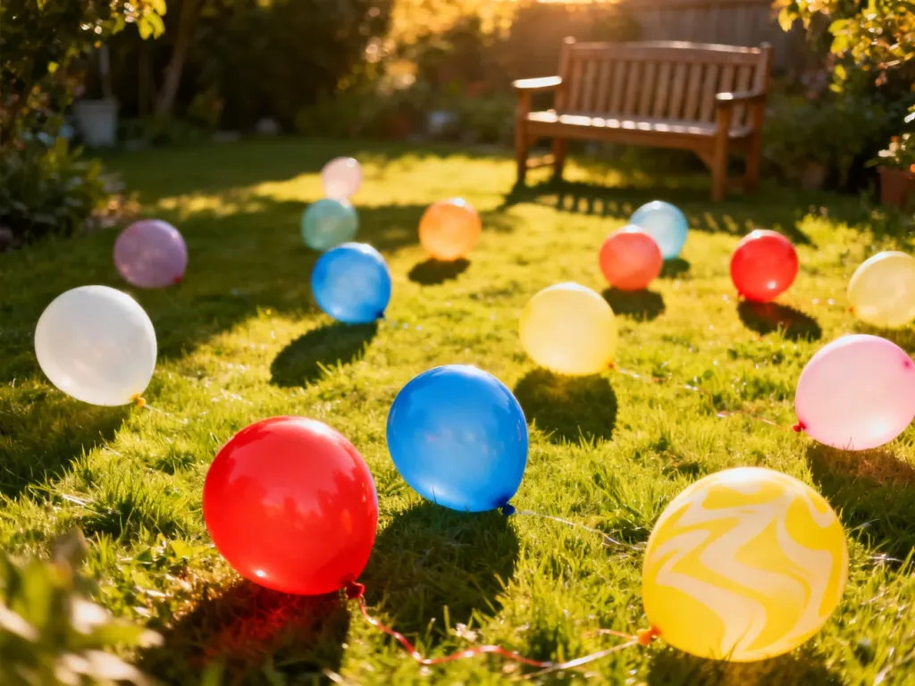 Kolorowe balony rozrzucone na zielonej trawie w ogrodzie, zachęcające do kreatywnej zabawy na świeżym powietrzu.