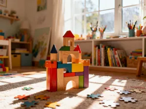 Kolorowe drewniane zabawki edukacyjne rozłożone na miękkim dywanie w przytulnym pokoju dziecięcym.