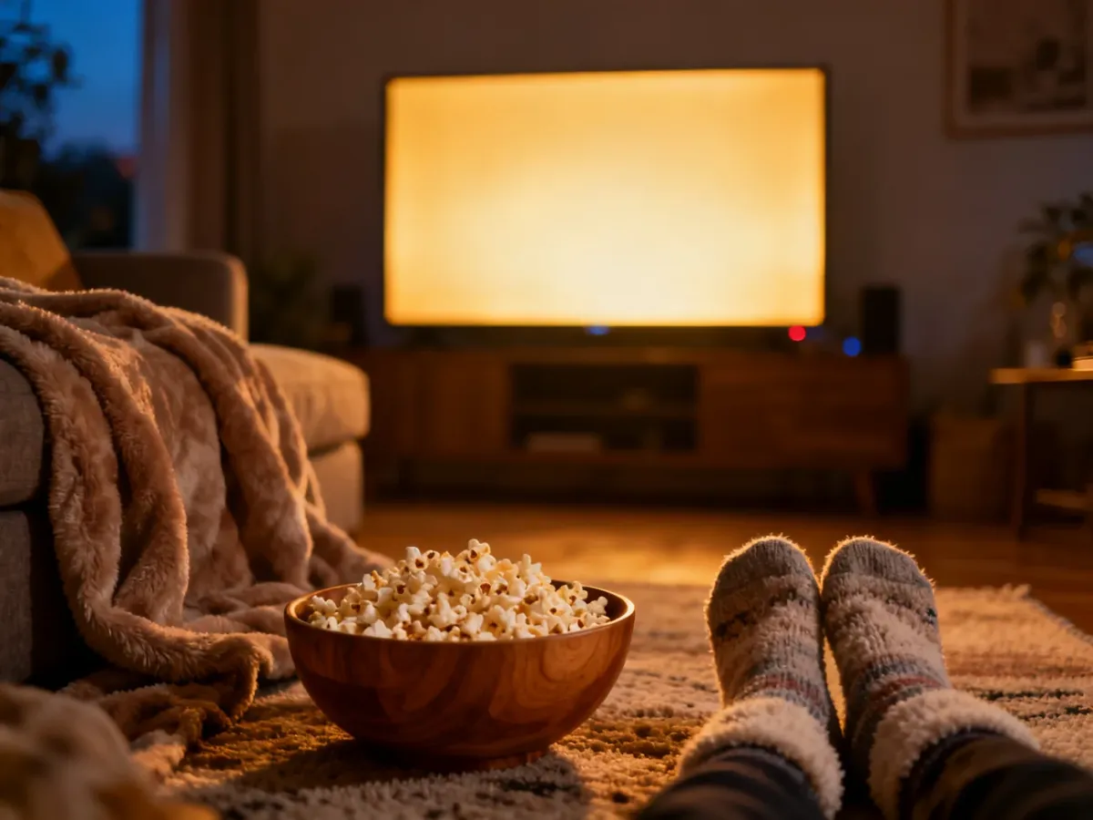 Przytulny salon przygotowany na rodzinny seans filmowy z popcornem, miękkim kocem i ciepłym oświetleniem.