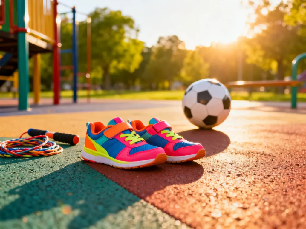 Dziecięce buty sportowe, piłka i skakanka na placu zabaw, zachęcające do aktywnego spędzania czasu na świeżym powietrzu.
