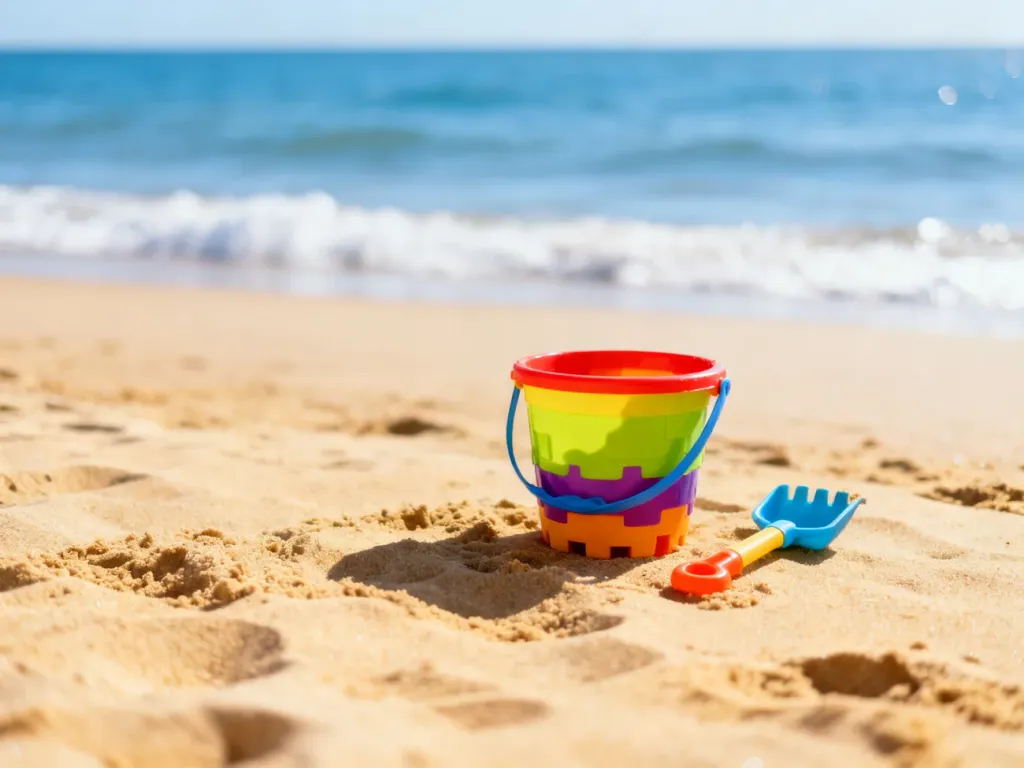 Kolorowe wiaderko z łopatką na piaszczystej plaży w słoneczny dzień, symbolizujące przygotowania do wakacji nad morzem.