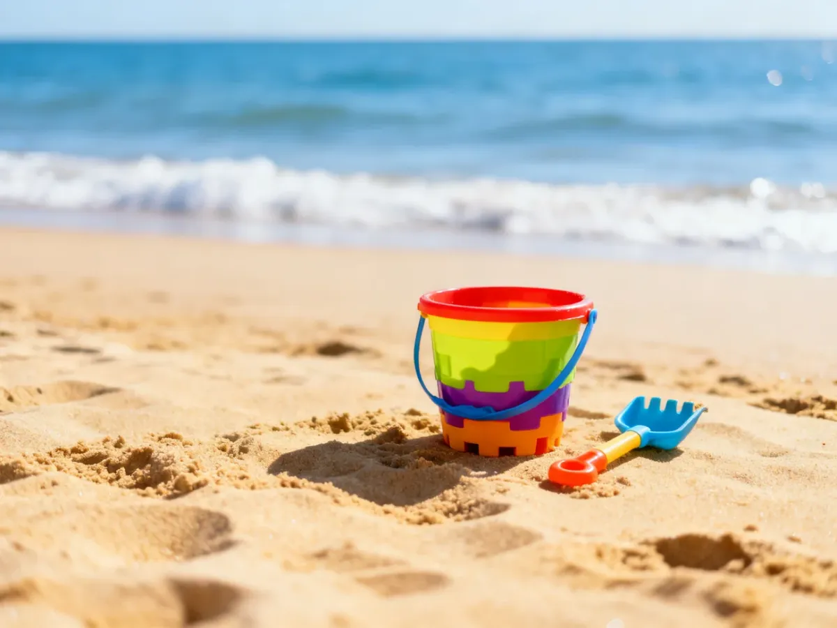 Kolorowe wiaderko z łopatką na piaszczystej plaży w słoneczny dzień, symbolizujące przygotowania do wakacji nad morzem.