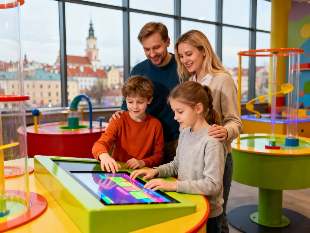 Rodzina z dziećmi bawi się w kolorowym centrum nauki w Lublinie, odkrywając interaktywne eksponaty, no text on the picture
