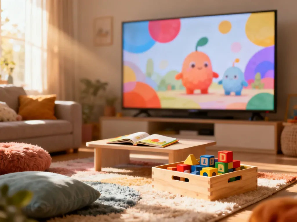Przytulny salon z zabawkami i włączonym telewizorem, tworzący idealną przestrzeń do wspólnego oglądania bajek z dzieckiem.