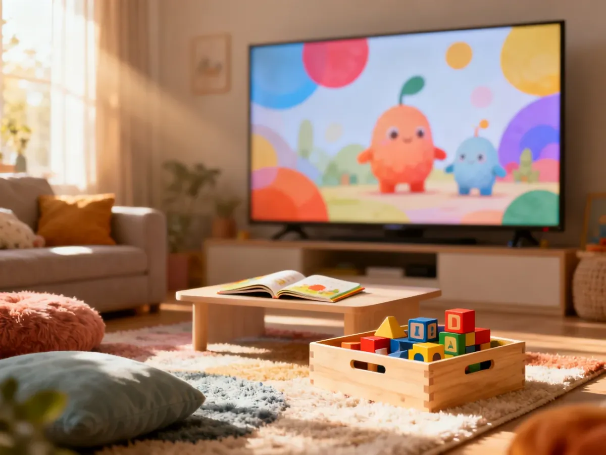 Przytulny salon z zabawkami i włączonym telewizorem, tworzący idealną przestrzeń do wspólnego oglądania bajek z dzieckiem.