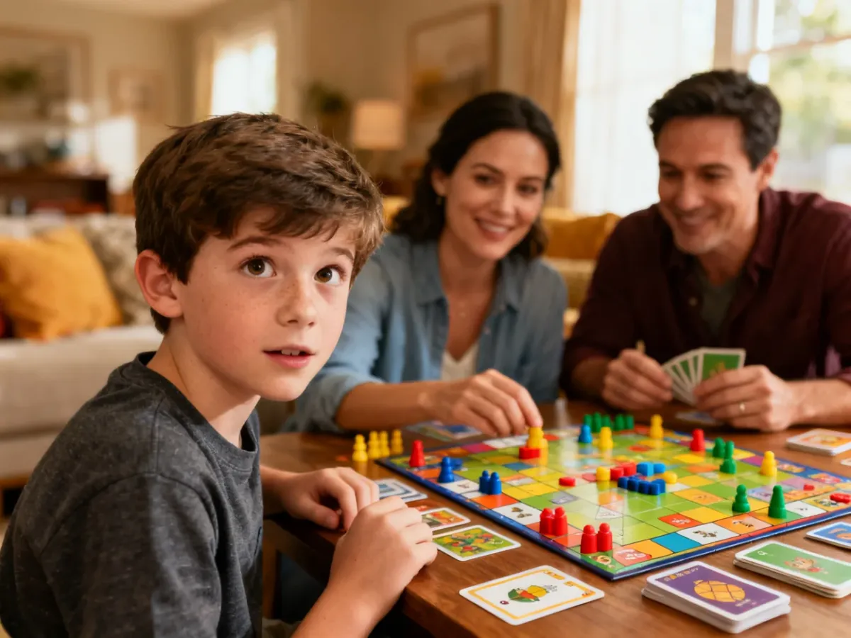 Rodzina grająca wspólnie w kolorową grę planszową
