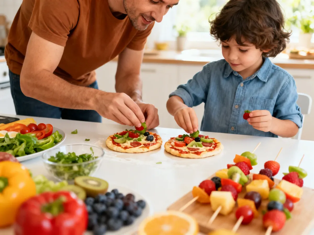 Rodzic i dziecko wspólnie dekorują pizzę i przygotowują owocowe przekąski