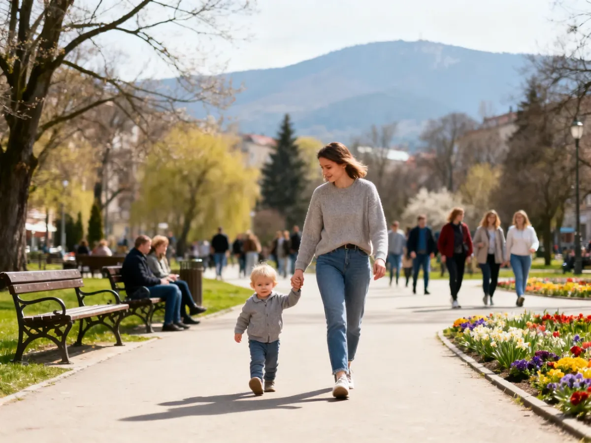 Mama spaceruje z małym dzieckiem po słonecznym parku w Bielsku-Białej, w tle ludzie i góry Beskidy, no text on the picture