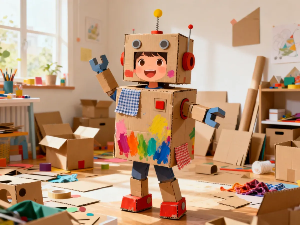 Dziecko w kolorowym kostiumie robota z kartonu