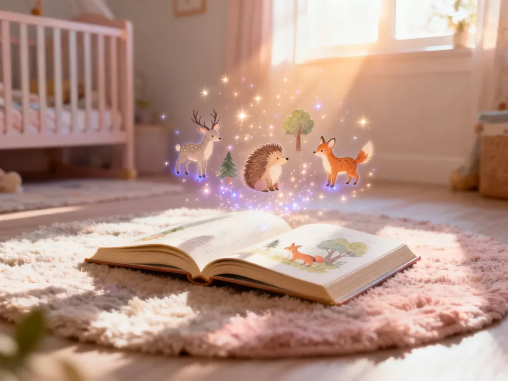 Otwarta książka, z której wydobywają się magiczne iskry i ilustracje leśnych zwierząt, tworząc atmosferę dziecięcej bajki.
