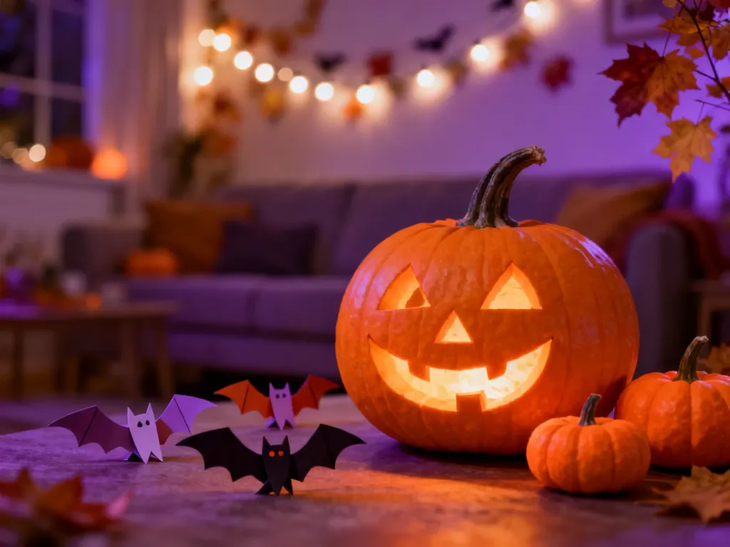 Świecąca dynia z uśmiechem w otoczeniu papierowych nietoperzy i jesiennych dekoracji tworzy przytulny, halloweenowy klimat.