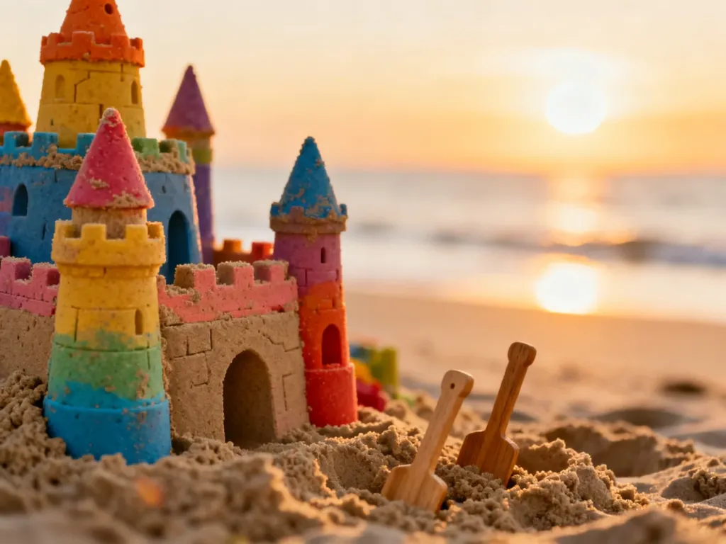 Kolorowy zamek z piasku z drewnianymi narzędziami na plaży w blasku zachodzącego słońca.
