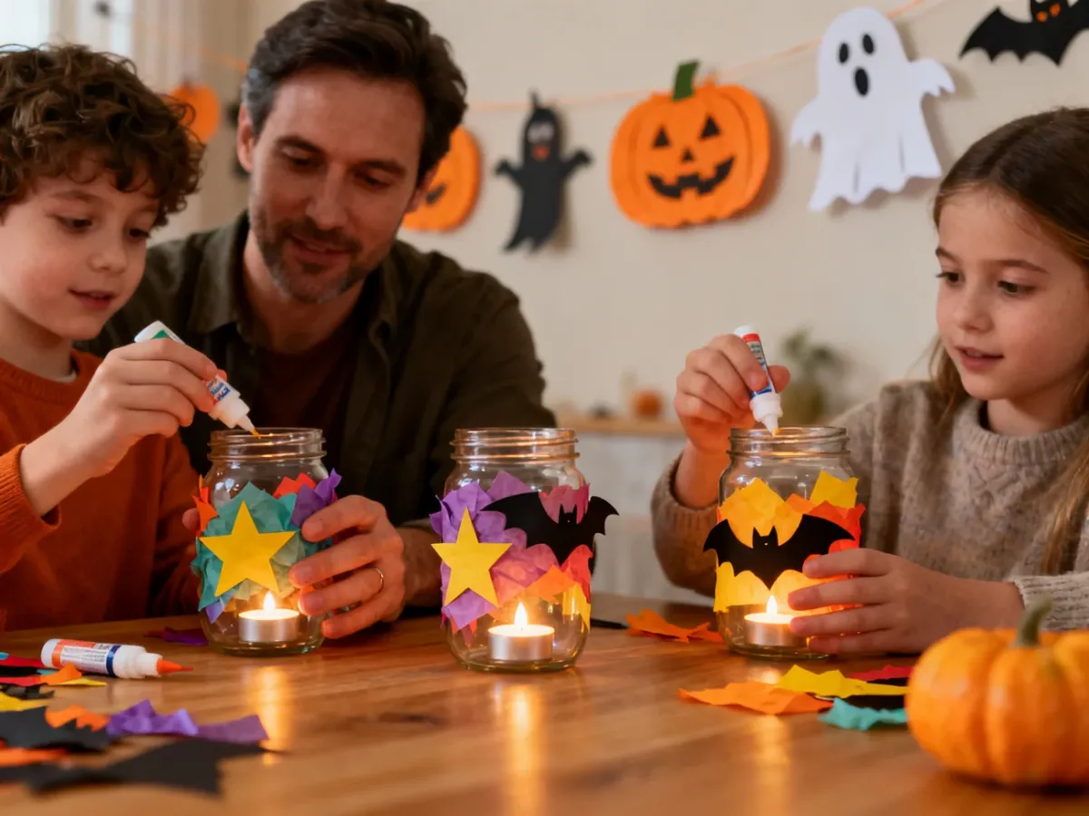 Dzieci tworzące lampiony Halloween ze słoików i lampek LED