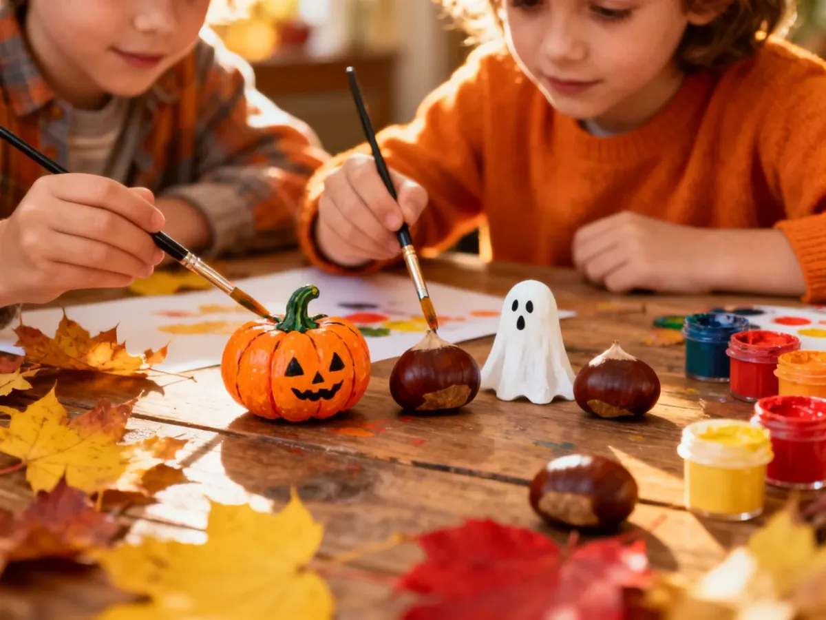 Dzieci malujące kasztany na halloweenowe ozdoby