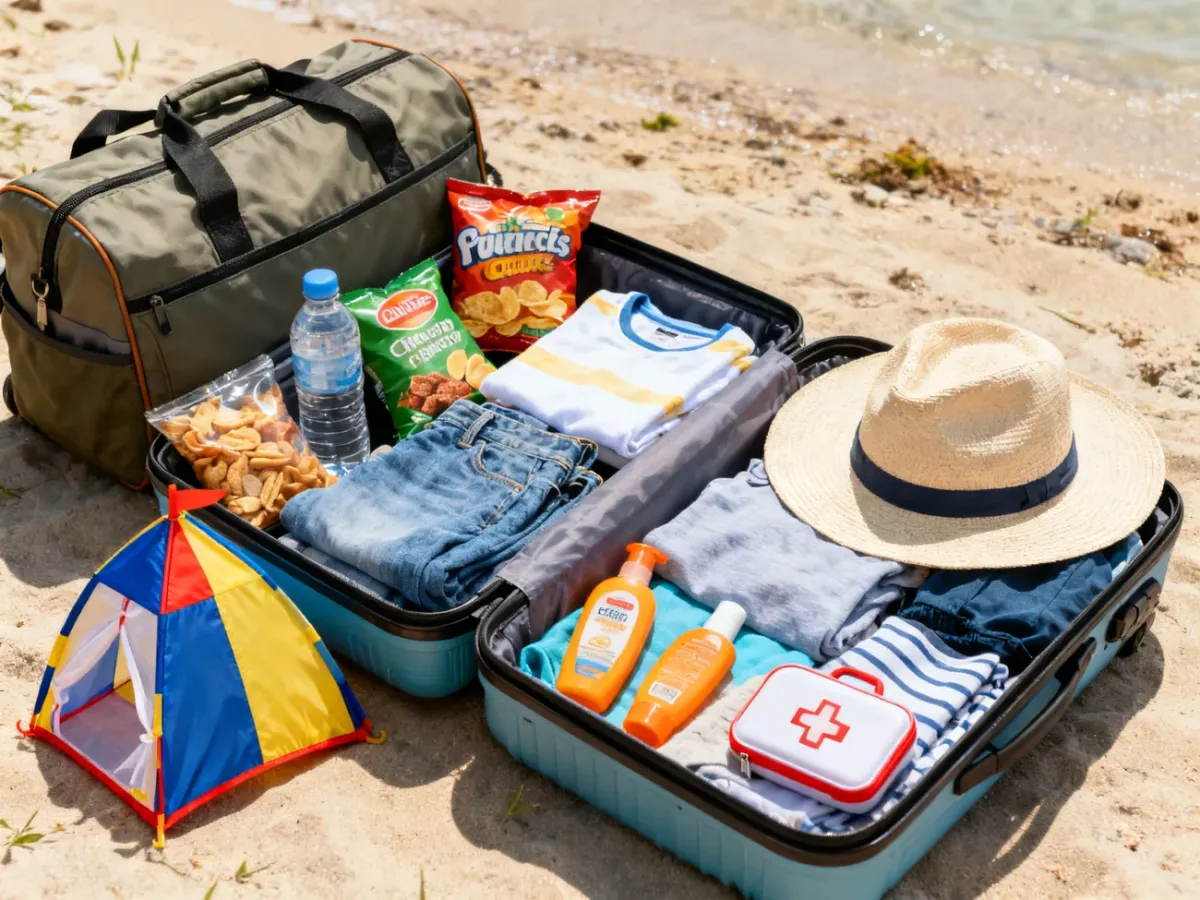 Przygotowany bagaż rodzinny z akcesoriami na plażę i podróż