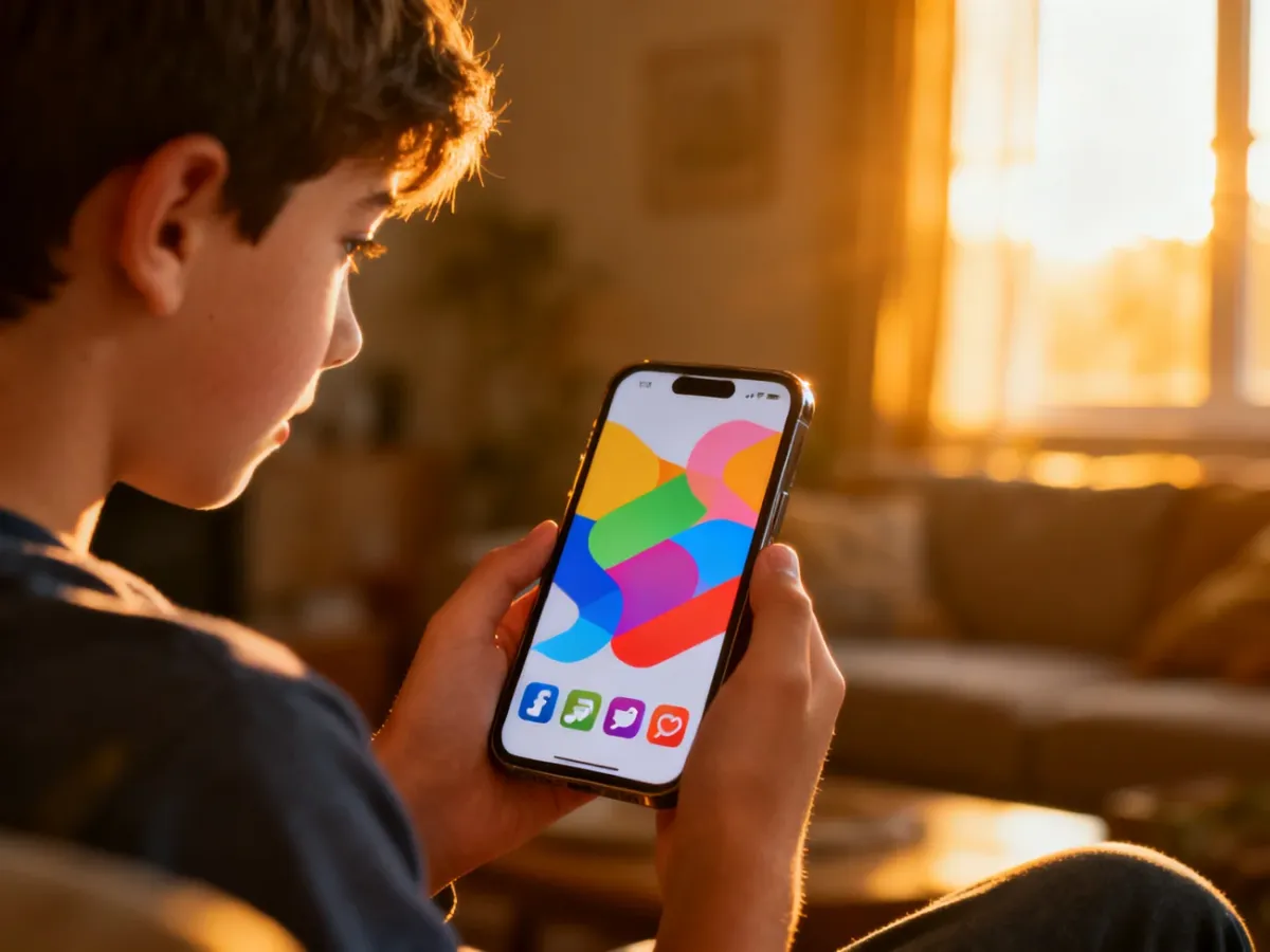 Nastolatek trzymający smartfon z kolorowymi ikonami mediów społecznościowych w przytulnym, słonecznym salonie.