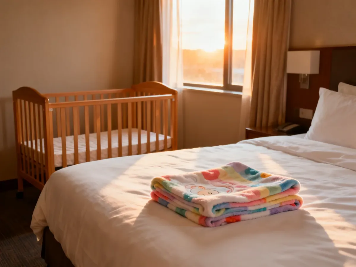 Przytulny pokój hotelowy z dużym łóżkiem i dziecięcym łóżeczkiem, przygotowany na komfortowy pobyt z dzieckiem.