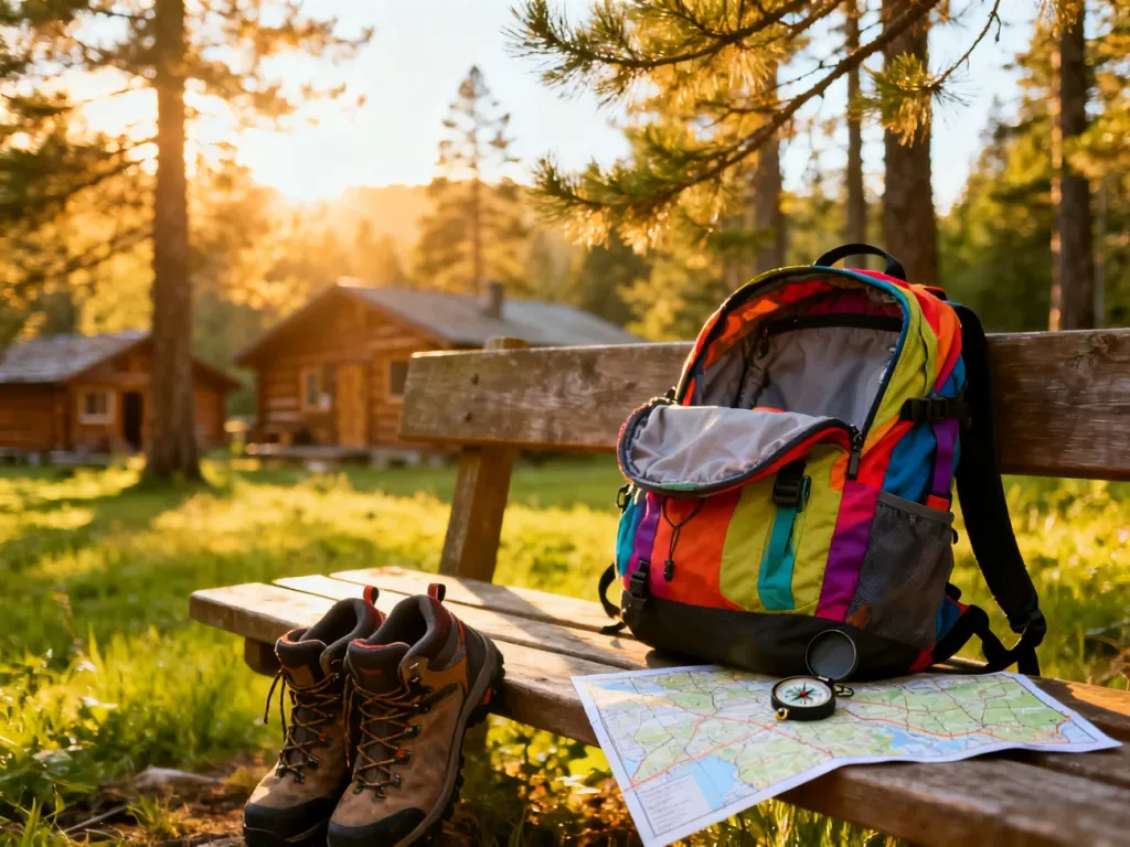 Otwarty plecak, buty trekkingowe i kompas na mapie w leśnej scenerii obozu letniego, zachęcające do wakacyjnej przygody.