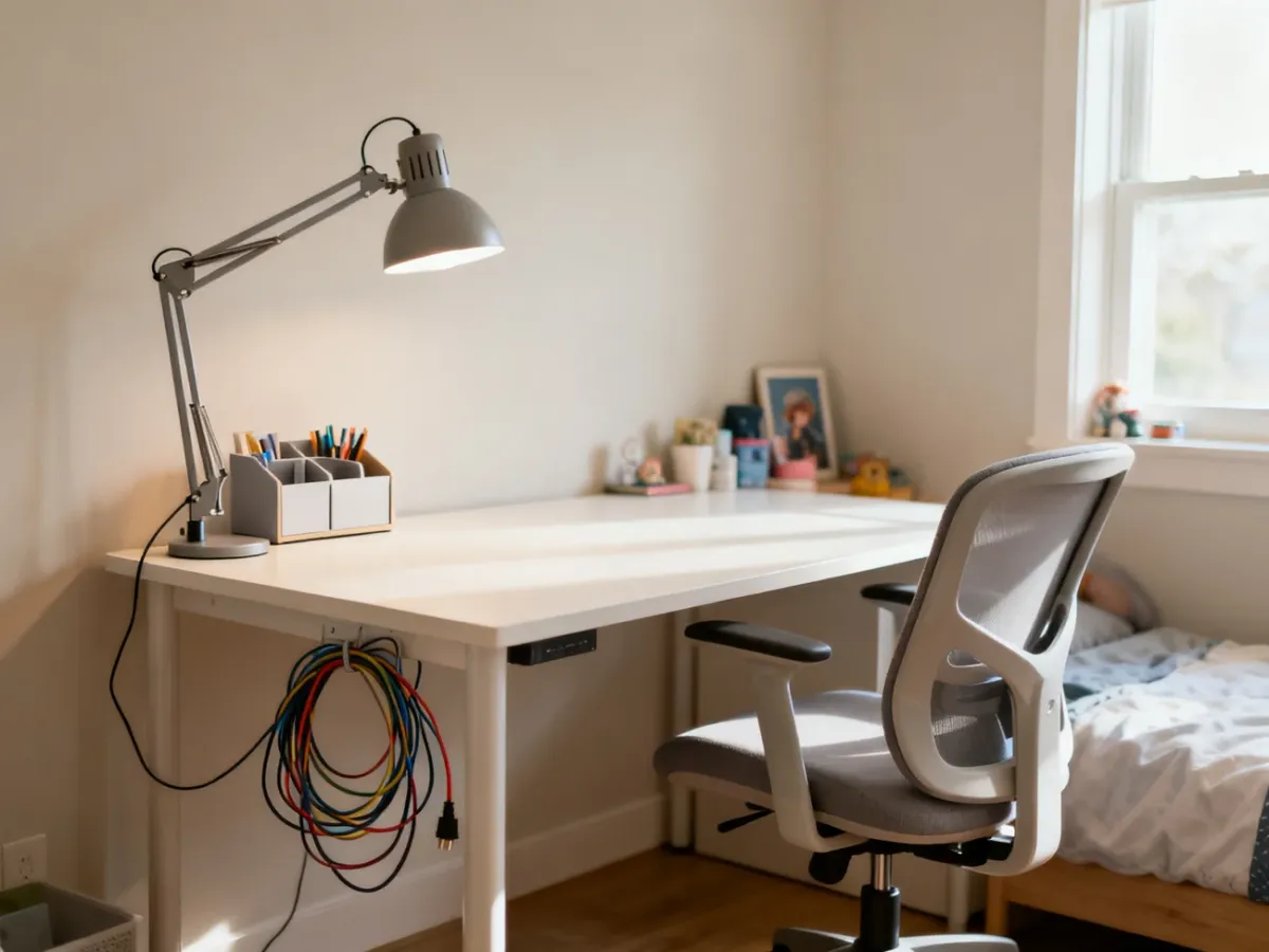Jasne biurko nastolatka z ergonomicznym krzesłem i lampką do nauki