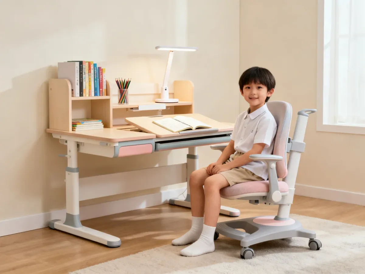Dziecko siedzące prawidłowo przy ergonomicznym biurku z regulowanym krzesłem
